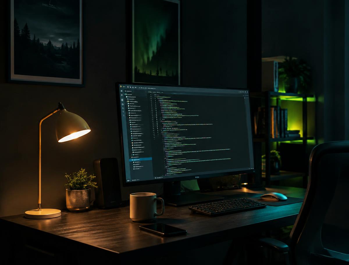 Code displayed on a monitor at a developer's desk