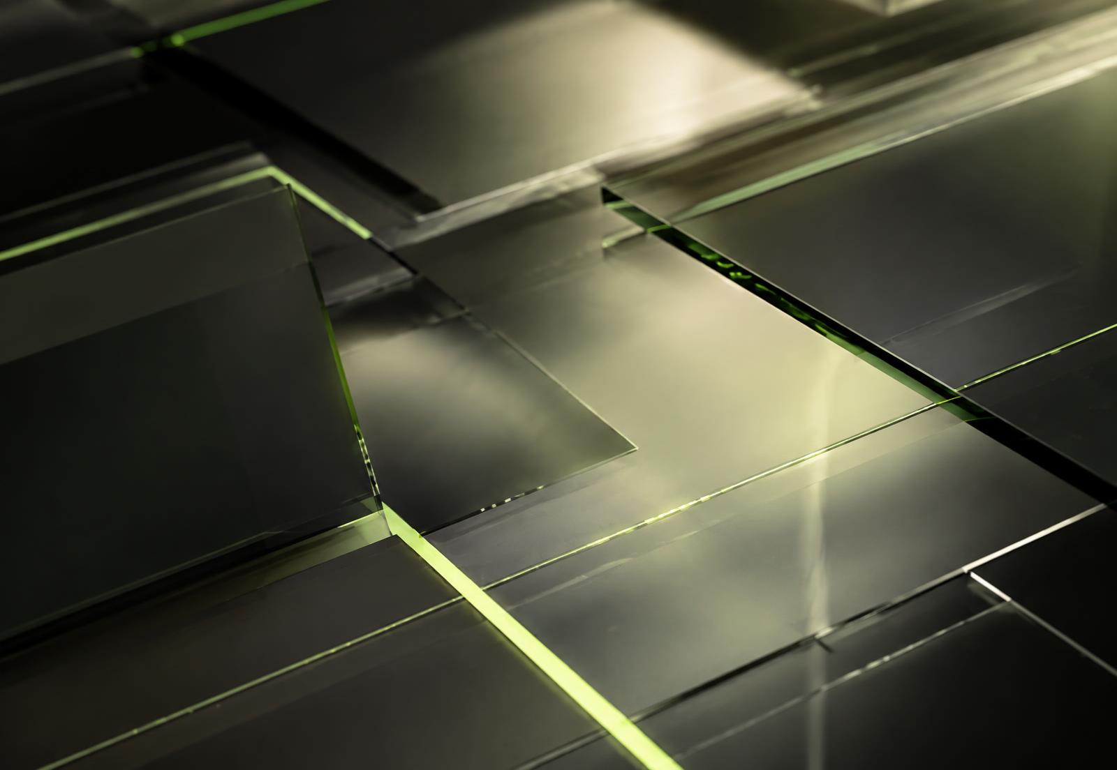 Abstract dark panels with lime light lines suggesting a digital interface