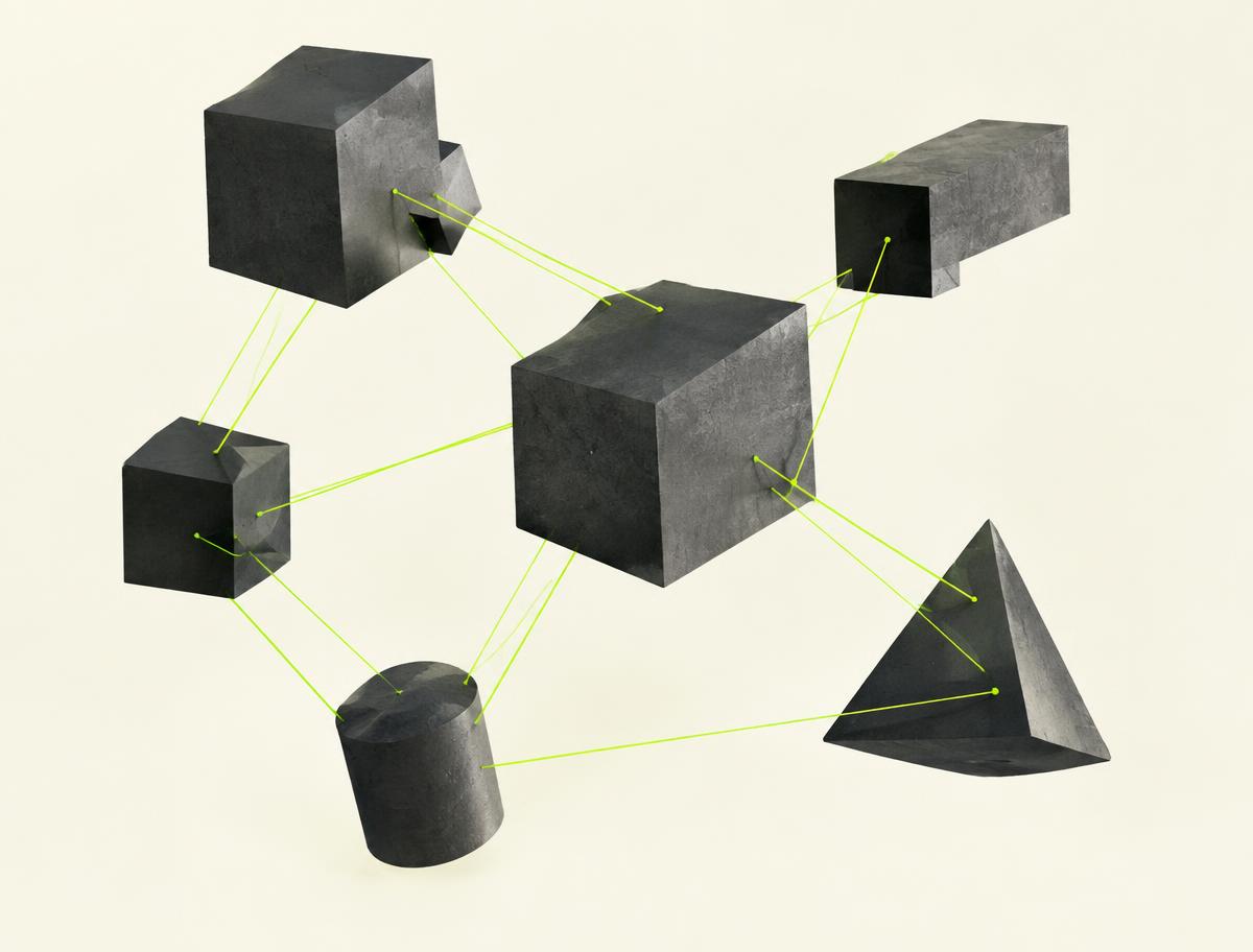 Geometric blocks connected by thin lime threads representing integrated systems